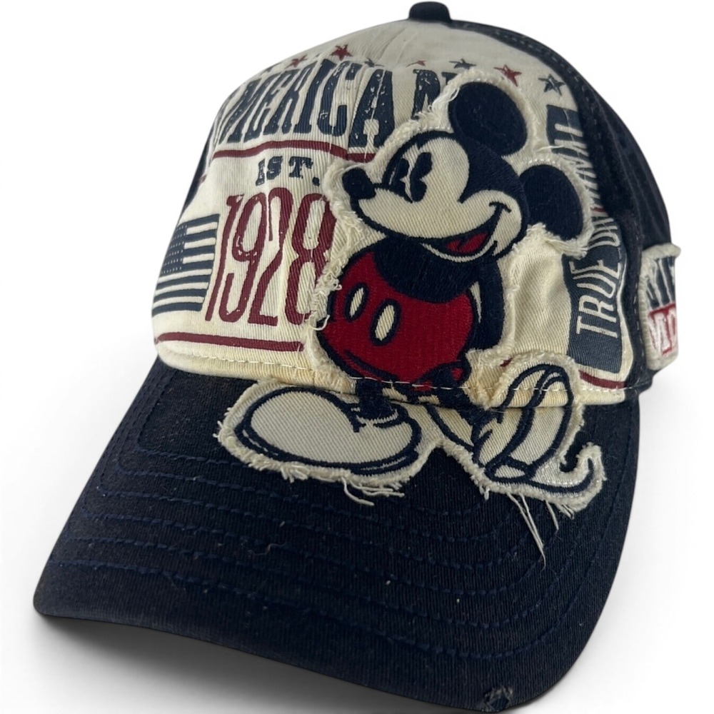Disney Parks Mickey Mouse Americana 1928 Distressed Baseball Cap‎ Navy Blue Hat